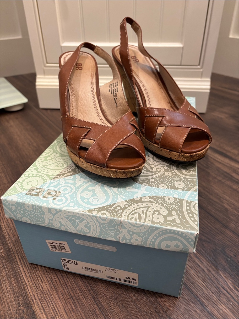 bp Brown Leather Cork Slingback Wedge Sandals
